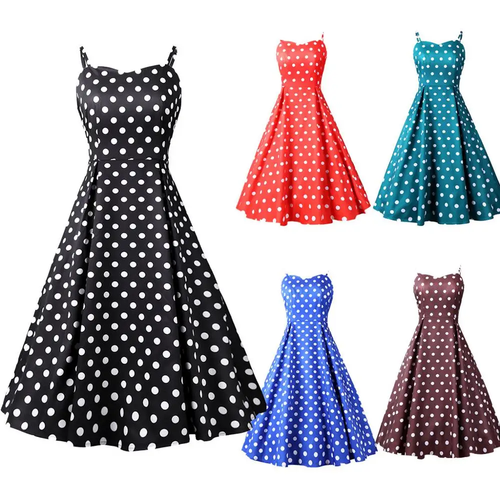 

Dot Print Knee-Length Dress Women 2019 Summer Spaghetti Strap Dress Red Black Blue Coffe Turquoise Boho Beach Sundress