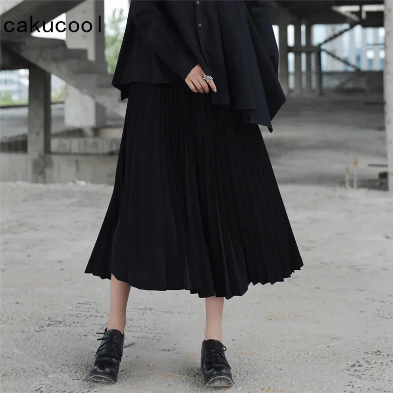 Cakucool/Новые черные женские плиссированные юбки с высокой талией в готическом стиле; универсальные макси юбки; сезон осень-зима