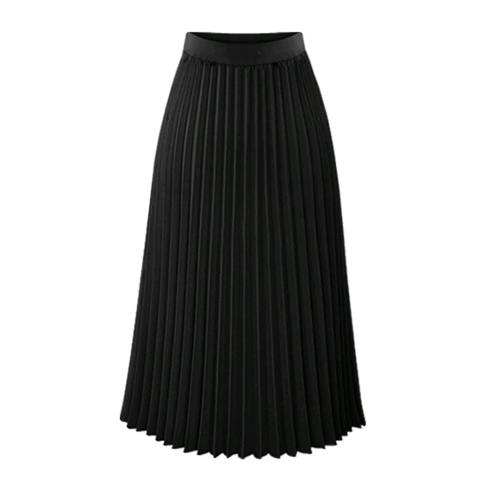 High Waist Pleated Skirt Fashion Solid Long Skirts Black Pink Length Elastic Skirts Woman Summer Fashion Office Maxi Skirt