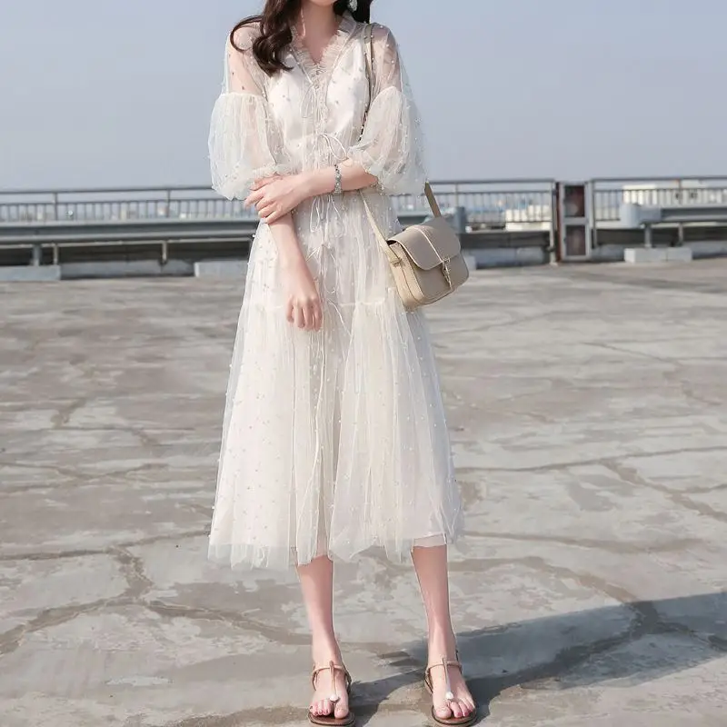 

2019 Summer Women Sweet Puff Sleeve Mesh Fairy Dress Female Bow Tie Slim Dresses Lady Elegant Rivet Draped Solid Vestidos Y142