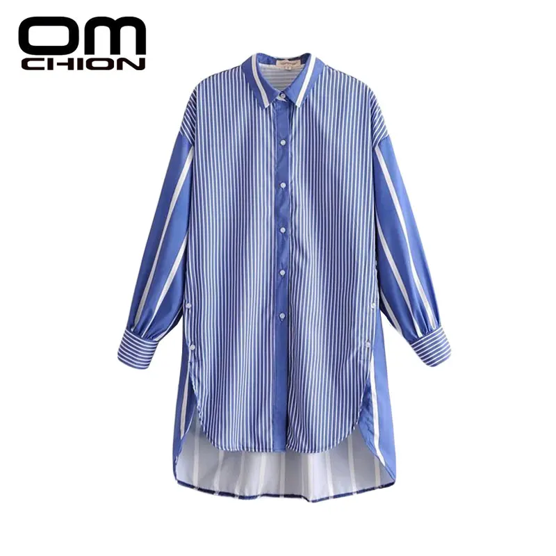 OMCHION 2018 New Long Tops Casual Striped Patchwork Women Blouse Irregular Sleeve Spring Side Buttons Shirts LA27 |