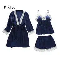 Fiklyc brand three-pieces women's pajamas sets with full sleeve bathrobe push up chest female 2019 floral decoration nightwear