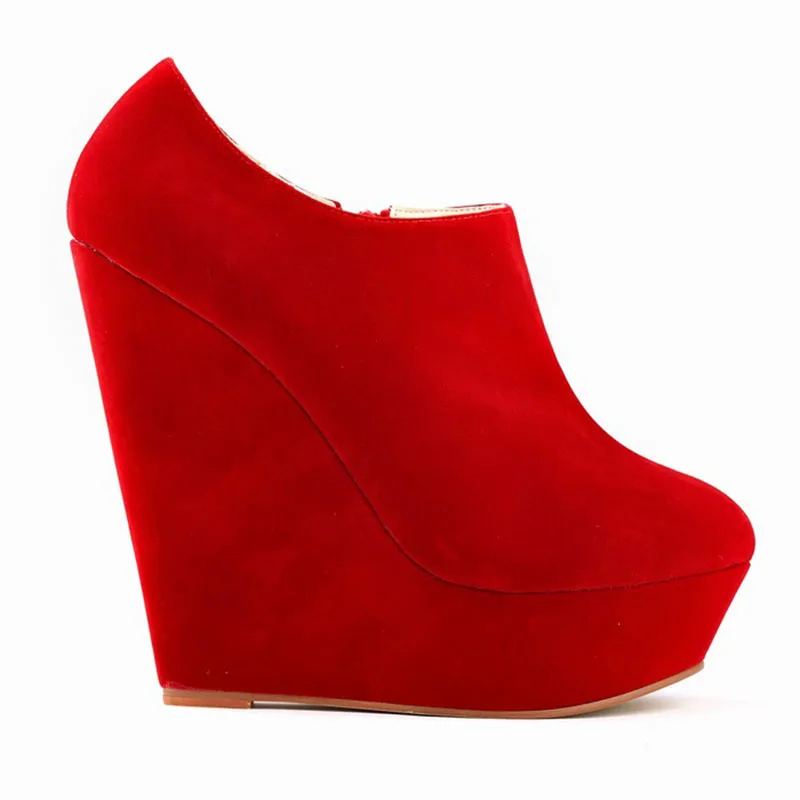 

Women Short Boots Spring Autumn Fashion Shallow Mouth Flock Round Toe Super High Heels Wedge Ankle Boots Wedding Shoes Platform