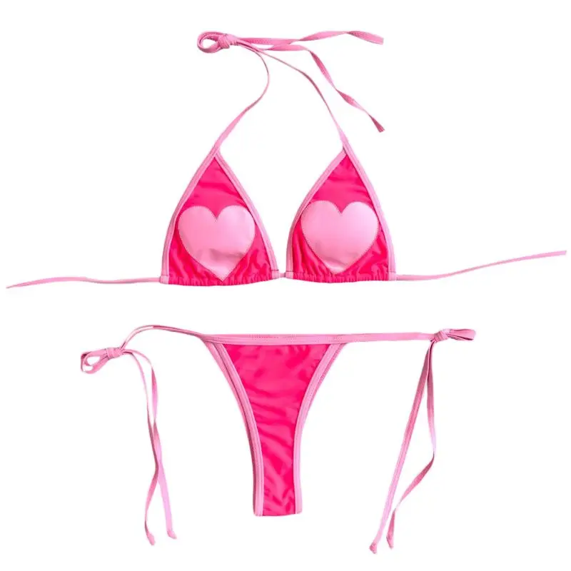 

Womens Sexy Two Piece Bikini Set Halter Deep V-Neck Ruched Triangle Bra Color Block Pink Heart Embroidered Swimsuit Low Waist Si