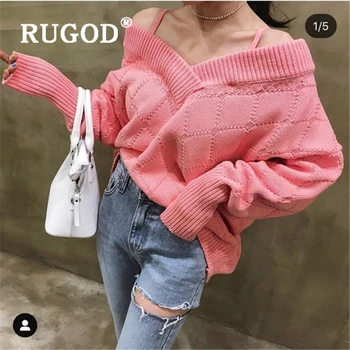 

RUGOD Korean V neck oversized women sweater Fashion spaghetti strap pullover sweaters female Auturm warm coats and sweater femme