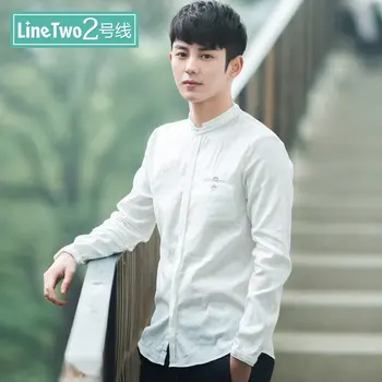 

2020 small and pure and fresh linen shirt collar small pockets of cultivate one's morality man white long-sleeved cotton shirt