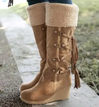 

Sapato Feminino Women Knee High Boots Woman Shoes Wedge High Heels Winter Snow Warm Booties Girls Tassels Chaussures AB1181