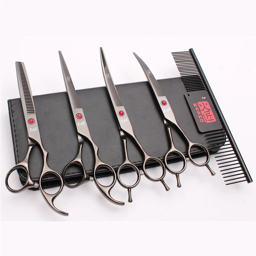 

H3002 5Pcs 7" 19.5cm JP 440C Gold Comb+Cutting+Thinning Scissors+Curved Shears Clippers For Dogs Professional Pets Hair Shears