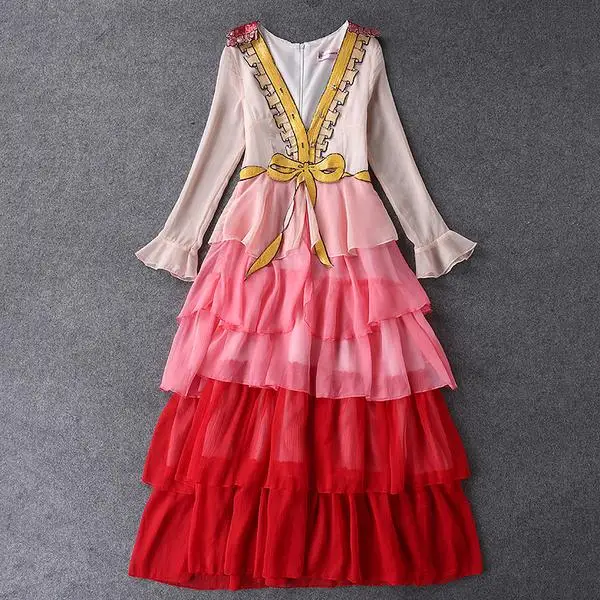 

Runway Dresses 2017 Spring Sumemr Women High Quality Elegant Long Sleeve Pink Bow Ruffles Long Party Dress Vestido Longo