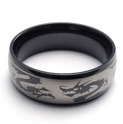 

Fashion Jewelry 8mm Black Stainless Steel Band Dragon Design Mens Ring Color Black Silver US Size 5 to 15 Drop Shipping