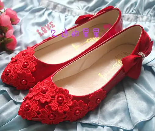 

FLAT HEEL red lace flats shoes for woman lace flowers TG186 red pearls bow bowtie women ladies dance paty flats in discount