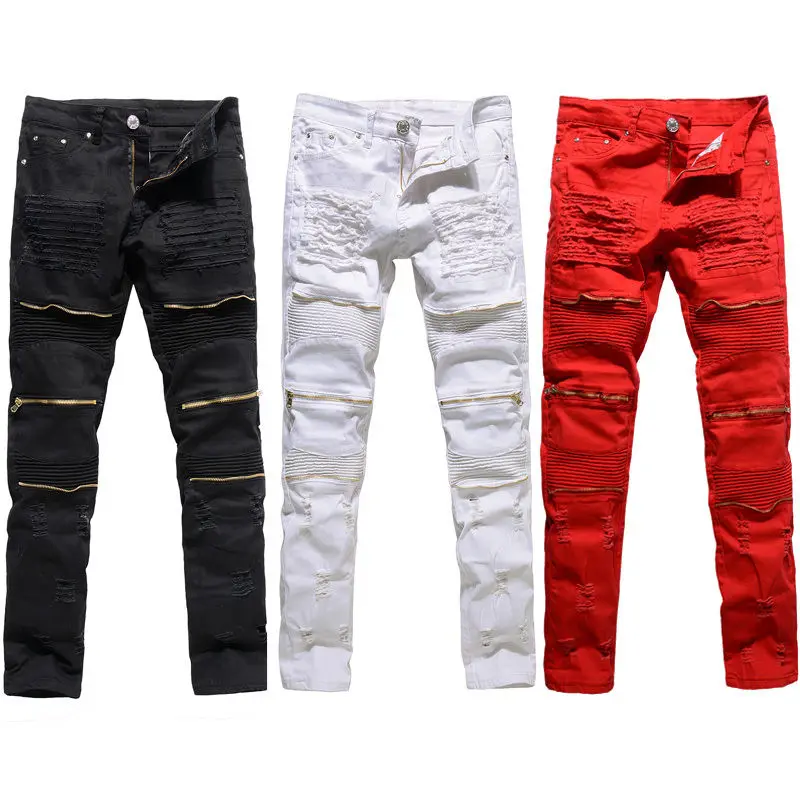 Classic Slim Mens Jeans Men Clothing Fit Straight Biker Ripper Zipper