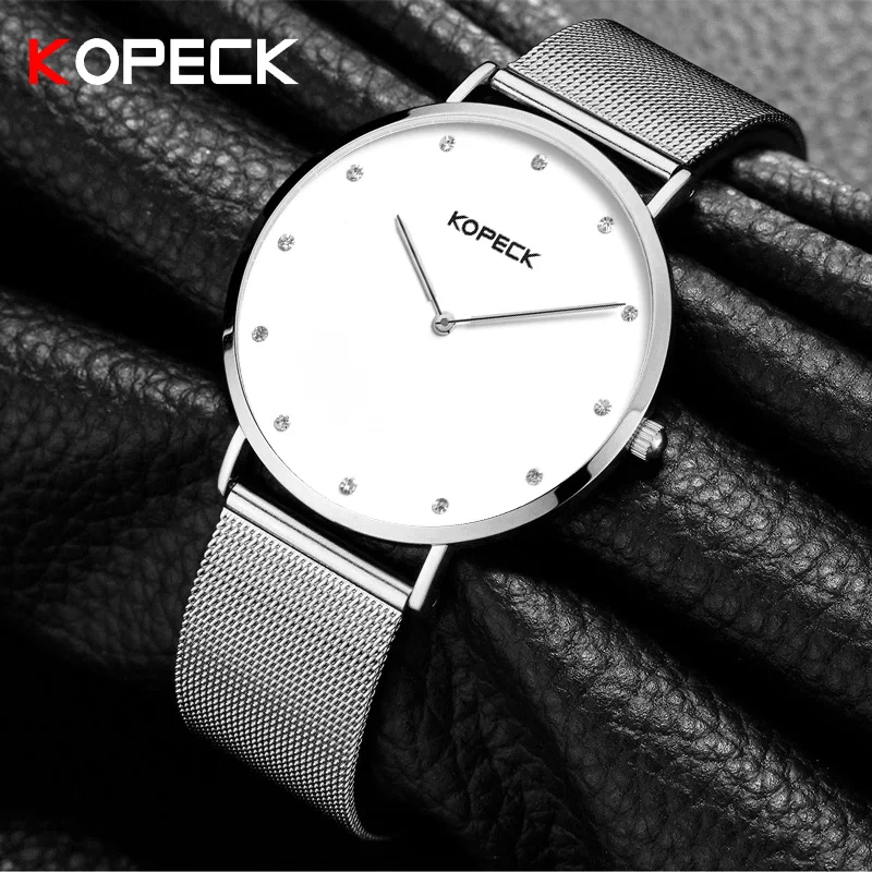 Kopeck Fashion Big Dial Women Watch Luxury Sapphire Crystal Stainless Steel Silver Mesh Strap Clock Ladies Watch reloj mujer