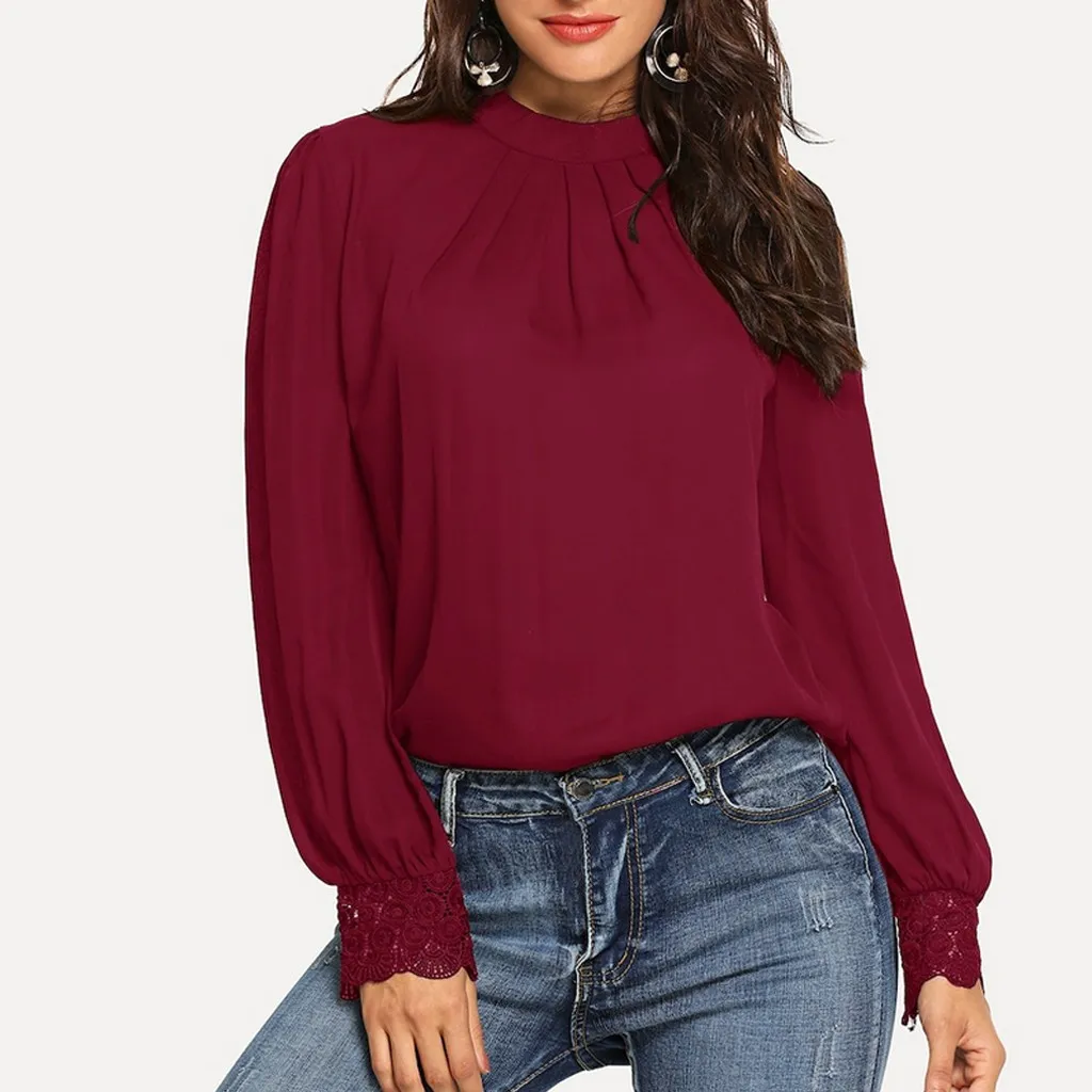 

Fashion Womens Blouse Shirt Ladies Round Neck Lace Tops Women Long Sleeve Shirt Blouse Womens Clothing
