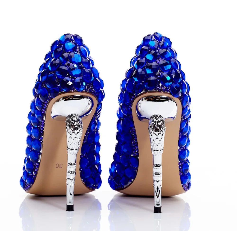 Women shoes 2019 high heels Wedding Female pumps Genuine leather Blue rhinestone dress shoe strange heels zapatillas mujer shoe