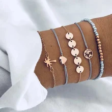 5 unids/set de pulseras de moda con diseño de mapa del corazón para mujer, pulsera de cadena de cuero de piedra estilo Boho Vintage, joyería de fiesta al por mayor