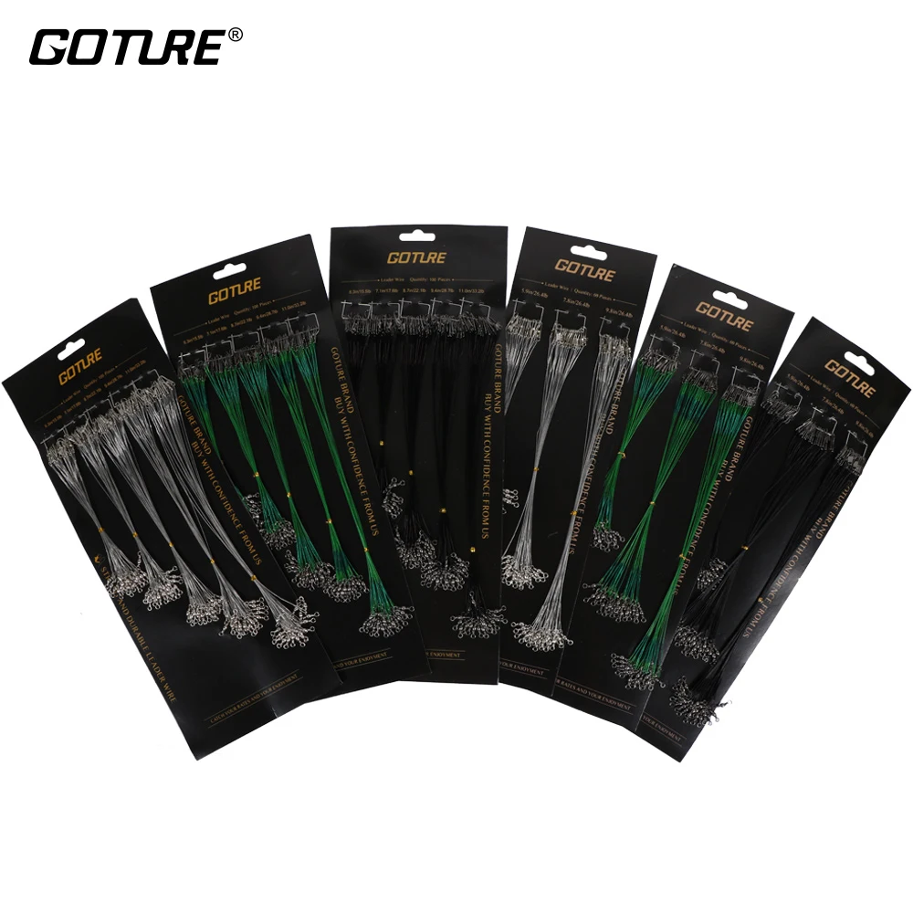 

Goture 60/100pcs Fishing Line Trace Silver Stainless Steel Leader Wire Swivel+Interlock Snap Fishing Leash 16/18/22/24/28cm