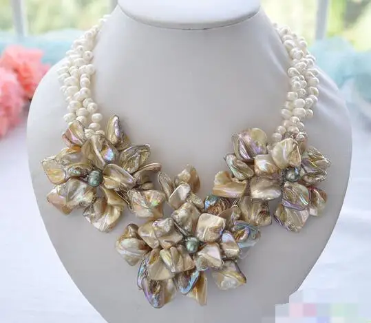 

song voge gem nanJ0472 3row white rice pearl shell Knitting flower necklace