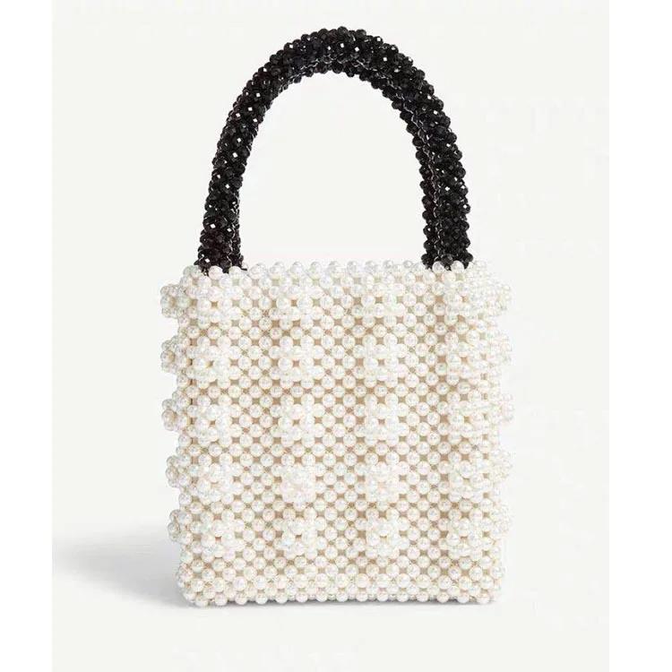 خمر Ins اليد-المنسوجة مطرز مربع اليد Abs أعلى-حقائب بيد الاكريليك النساء حزب اللؤلؤ الوردي الأبيض حقيبة الكريستال