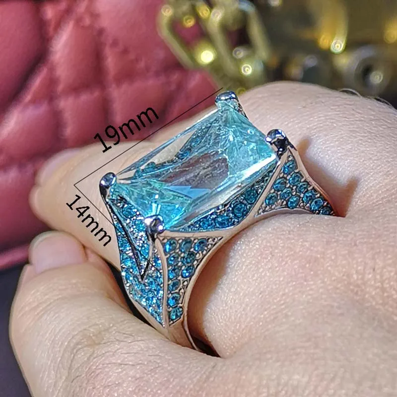 Кольца с голубым большим камнем и серебряными кристаллами для женщин и девочек, подарок на помолвку, день рождения, ювелирные изделия, роскошное кольцо F5X874