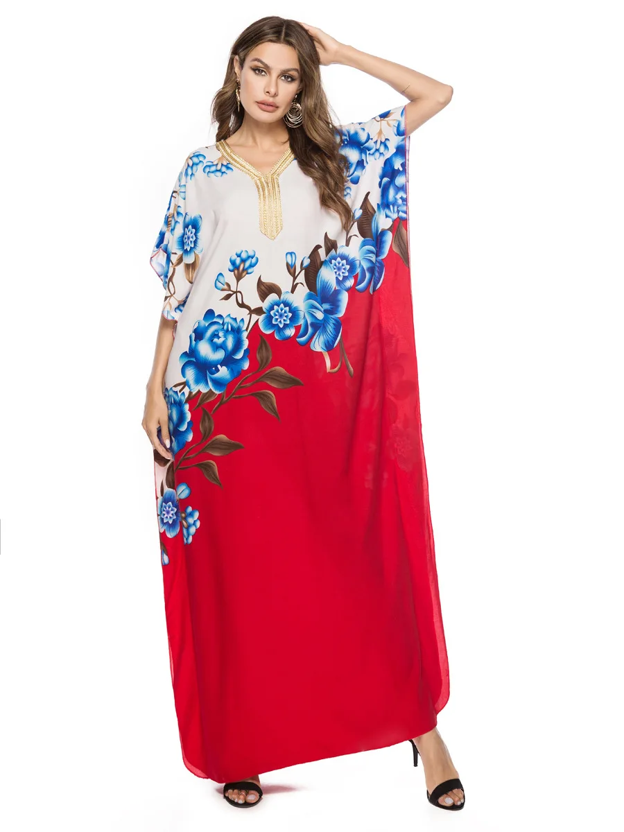 Летнее богемное Макси-платье с цветочным принтом, рукав летучая мышь, мусульманское, Абая, исламское, Дубай, арабское, Марокканское платье размера плюс, VKDR1549