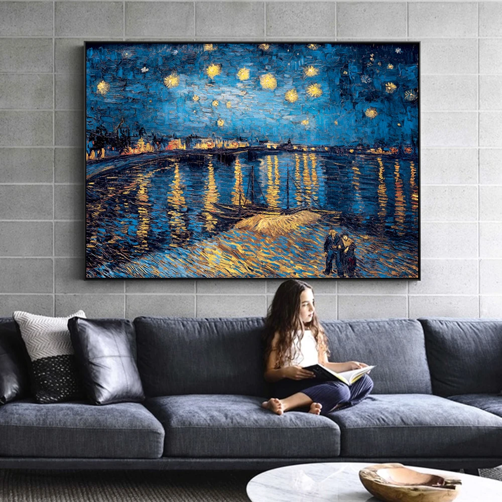 Pinturas en lienzo de la noche estrellada de Van Gogh, réplica en la pared, imágenes en lienzo de noche estrellada impresiva para sala de estar, Cuadros