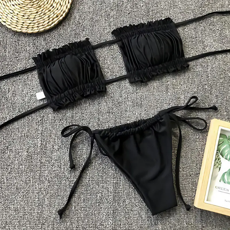 Simple Ladies Sexy Bikini High Waist Halter Beach Swimming Split Swimsuit Female Bandage Pleated Solid Color Lace Bikini Set Simple Ladies Sexy Bikini High Waist Halter Beach Swimming Split Swimsuit Female Bandage Pleated Solid Color Lace Bikini Set