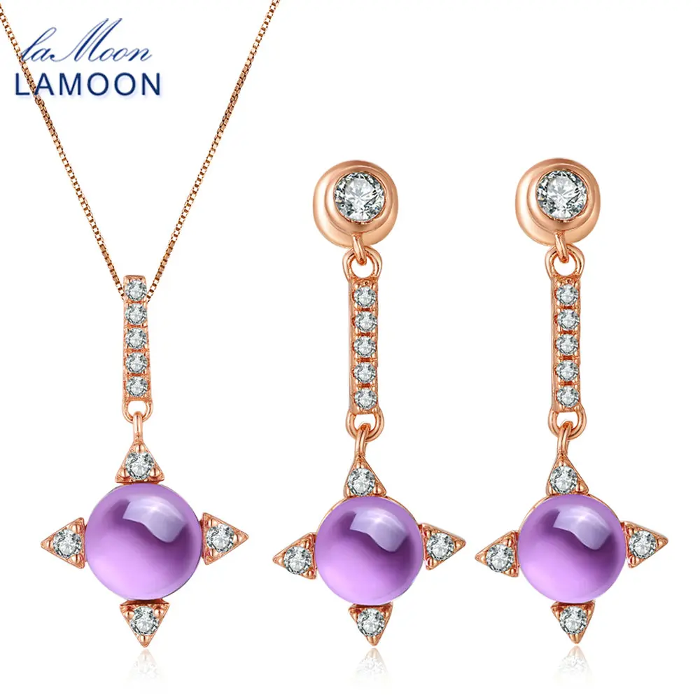 

LAMOON S925 Fine Jewelry Set Cross star 2.2ct Natrual Amethyst sterling-silver-jewelry Necklace Earring Women V009-2