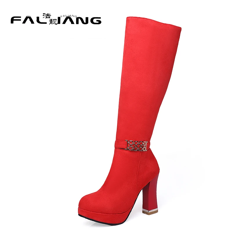 

Winter plus size 11 12 13 14 15 Fashion Solid Rough with Metal Decoration Knee-High Super High Heels Knight boots Winter Boots