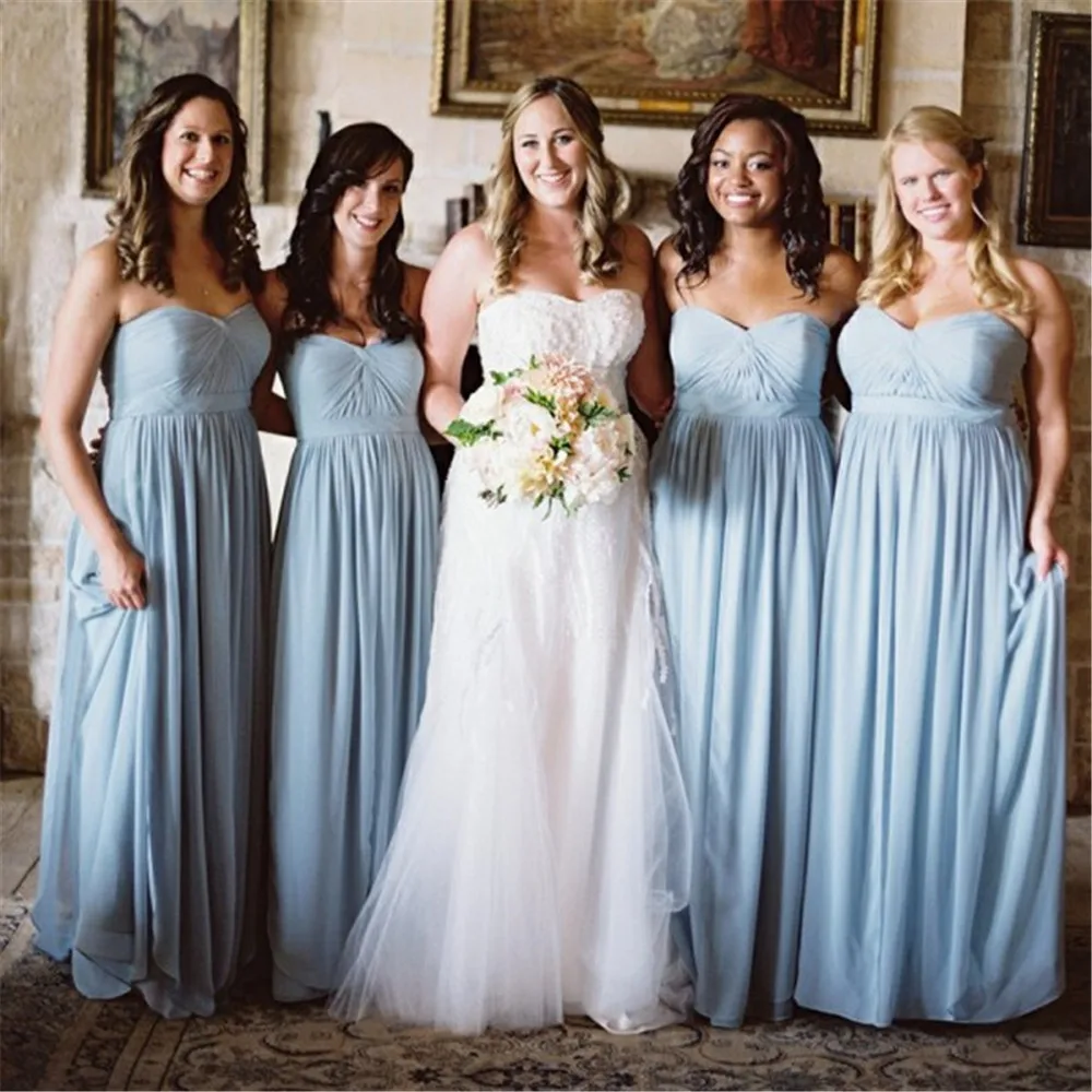 

Mint Blue Pleat Chiffon Bridesmaid Dresses Strapless A Line Sleeveless Long Elegant Wedding Party Dress 2019 Cheap Women Gowns