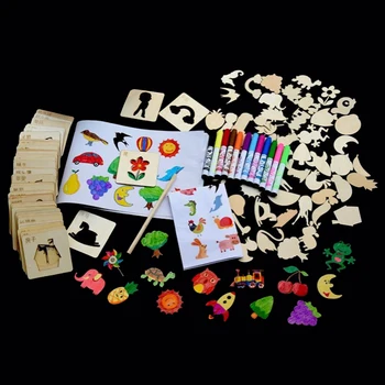

120Pcs Painting Colorful Wood Stencil Kit Set with Brush Wood Chip Stencils Reference Drawing Pencil School Random Pattern Toys