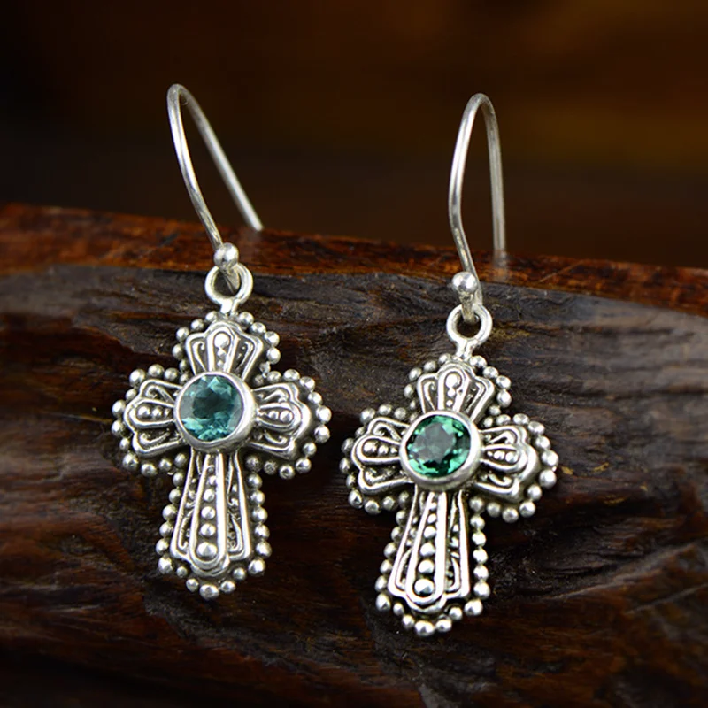 

925 Sterling Silver Earrings For Women Natural Gemstone Emerald Gothic Cross Earrings For Women Wholesale Fine Jewelry