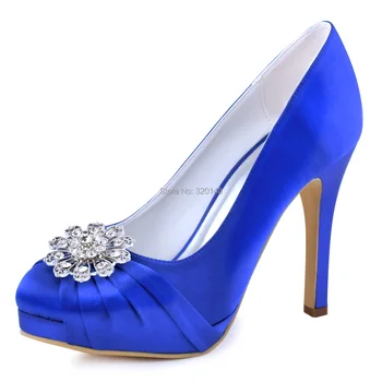 

Blue Women High Heels Platform Shoes Closed Toe Rhinestones Satin Ladies Woman Wedding Party Dress Pumps EP2015NW Teal Green