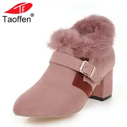 TAOFFEN/женские ботильоны зимние сапоги с пряжкой Теплые Женская обувь на меху сапоги на высоком каблуке с заостренным носком на молнии