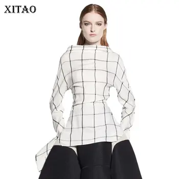 

XITAO Waist Plaid Women Blouse Korea Fashion Sequined Stand Collar Irregular Sheath Wild Joker Street Style Shirt ZLL4179