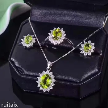 

KJJEAXCMY boutique jewels 925 Pure silver inlay natural olivine stone earrings ring pendant jewelry 3 sets