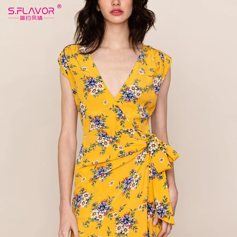 S.FLAVOR Women V-neck printing long vestidos good quality Casual Spring Summer dress Popular sleeveless Sexy Printing Dress