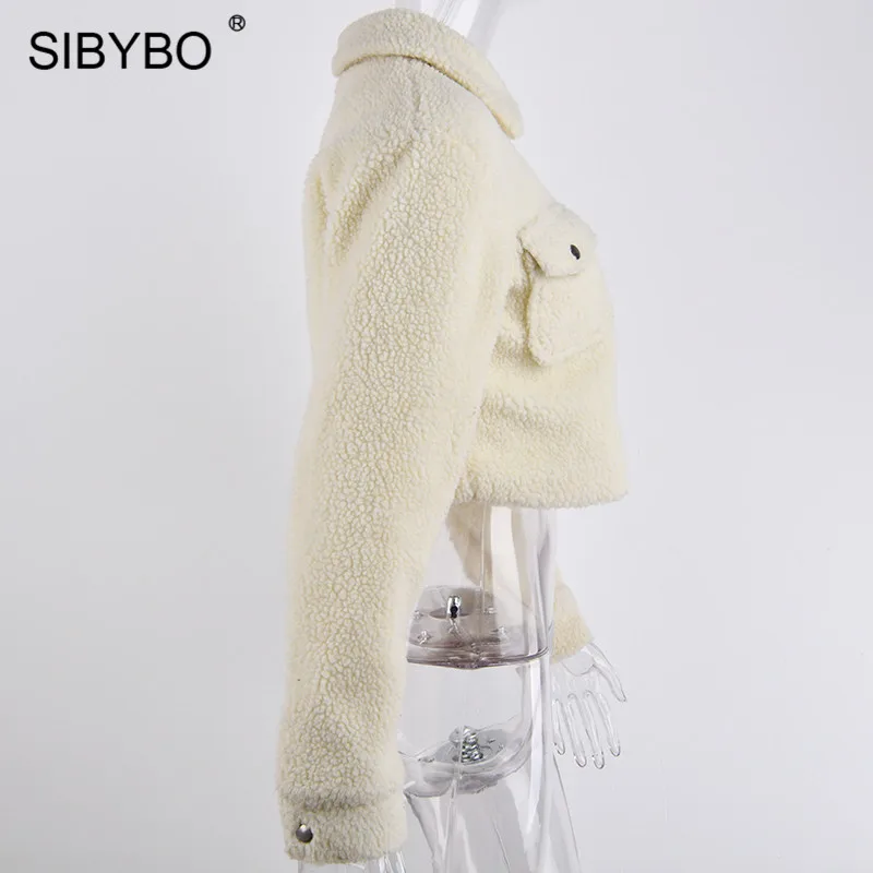 SIBYBO Teddy Cozy осень зима женские пальто и куртки с длинным рукавом Тонкий укороченный топ женские карманы теплая Повседневная короткая куртка для женщин