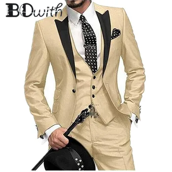 

Gold Wedding Men Suit Peaked Lapel Slim Fit 3 Pieces Jacket+Pants+Vest For Wedding Tuxedos Formal Suits Custom Made