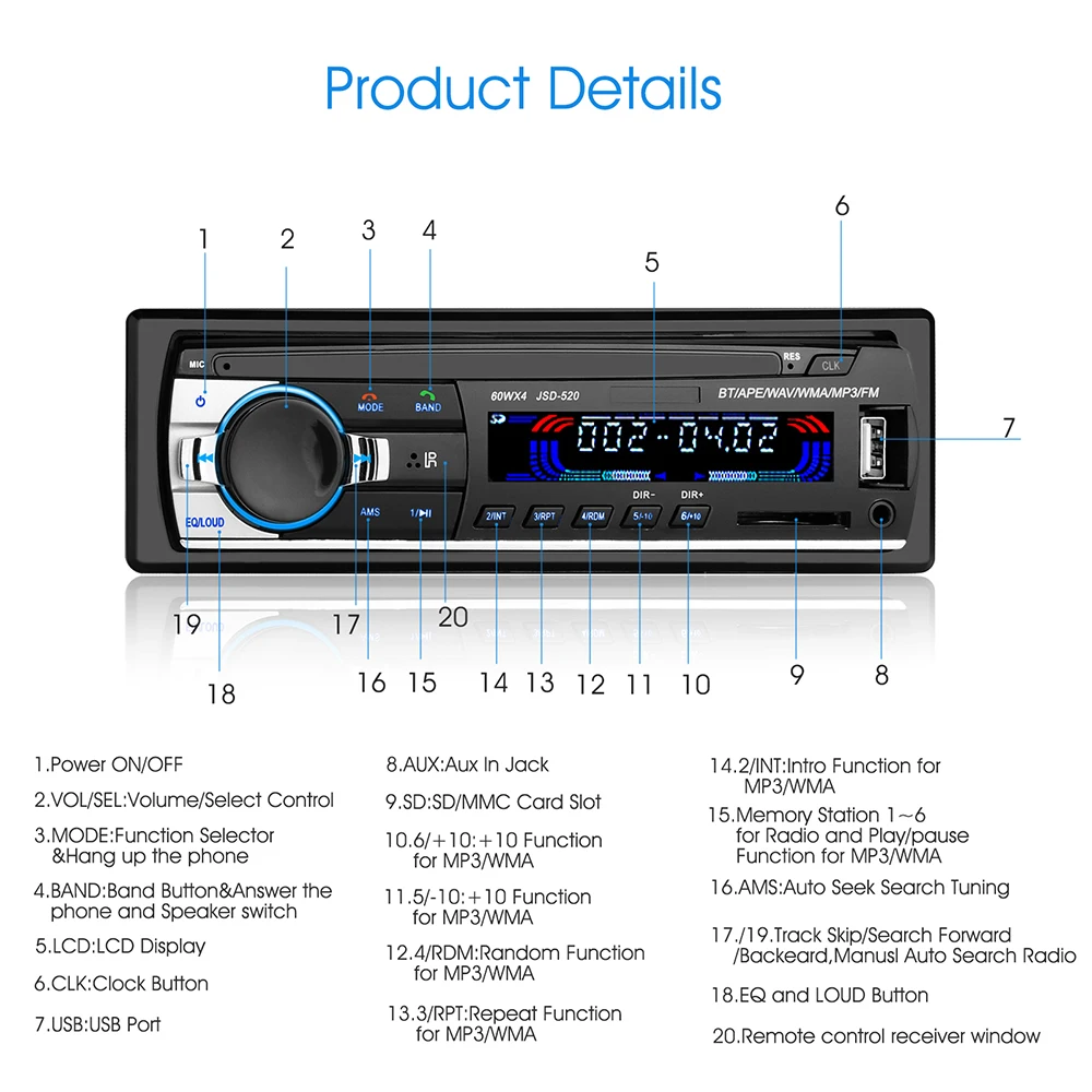 Авторадио 12 в Bluetooth автомобильный стерео в тире 1 Din FM Aux вход приемник SD USB MP3 MMC WMA автомобильный Радио плеер