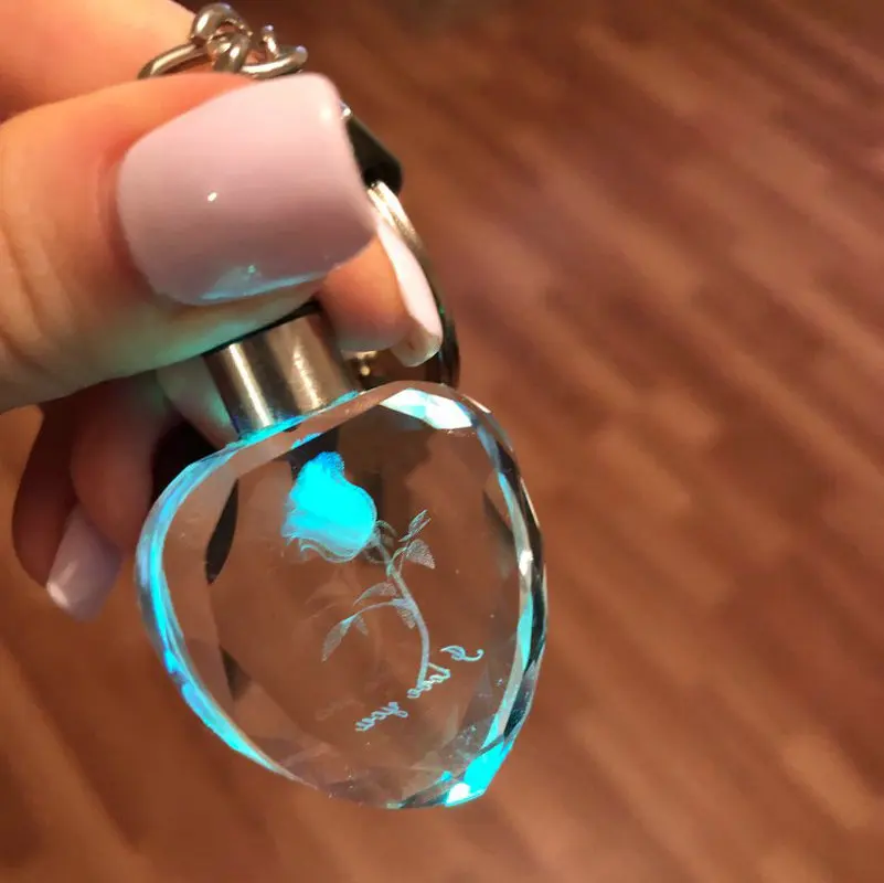 

Rose Flower Crystal Keychain With Led Light Keychains Glowing Luminous Crystal Rose Heart Trinket Key Chains Colorful Key Rings