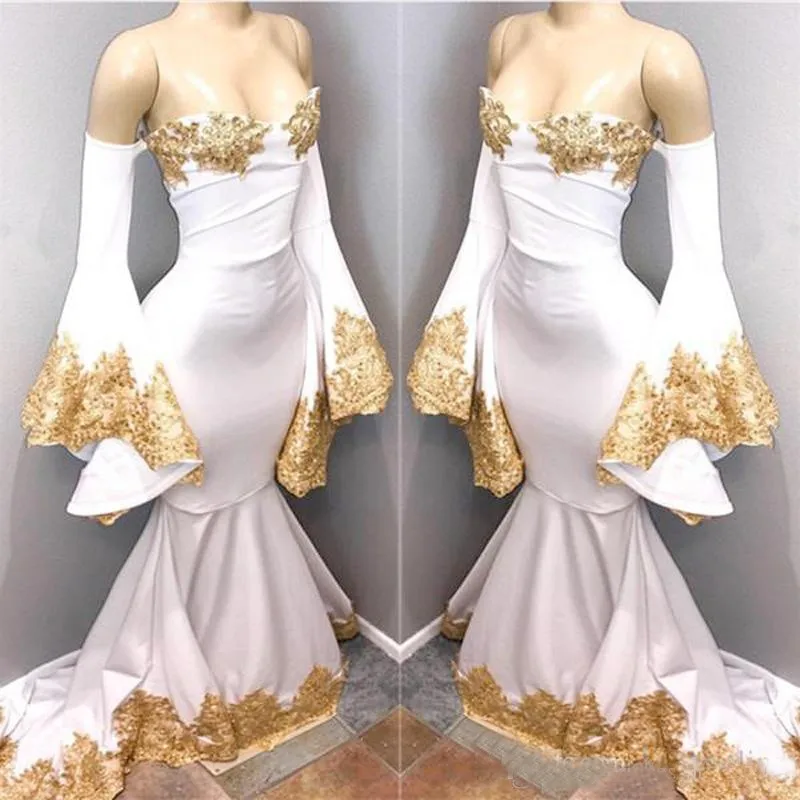 

Vintage White with Gold Appliques Mermaid Prom Dresses 2019 Off Shoulders Sexy Long Sleeves Evening Gowns Formal Party Wears