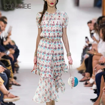 

COLOREE Runway Designer Women Two Piece Of Sets 2019 Elegant Printed O-Neck Patchwork Lace Blouse and Midi Skirt Casual Sets