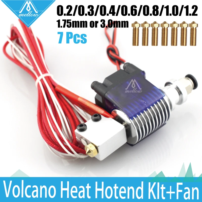 

3D Printer volcano kit- J-head Hotend with Single Cooling Fan for 1.75/3.0mm Universal Extruder 7 pcs 0.2mm-1.2mm Nozzle kit