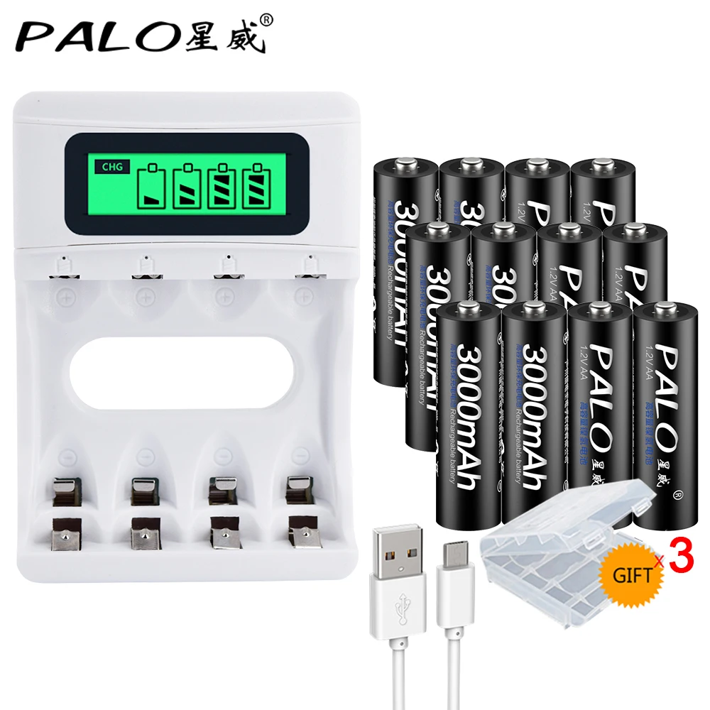 

12PCS AA rechargeable battery 3000 mAh rechargeable 2a NI-MH 1.2 V battery for flash toy camera with USB intelligent LCD charger