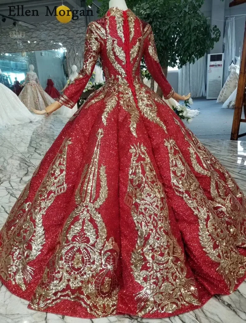 Красочные красные блестящие ткань бальные платья свадебные 2019 индивидуальный заказ V средства ухода за кожей шеи одежда с длинным рукаво