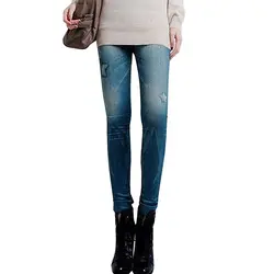 Осень 2017 г. Для женщин леггинсы искусственной джинсы с принтом узкие джинсы Повседневное брюки стрейч тонкий карандаш брюки женские legins
