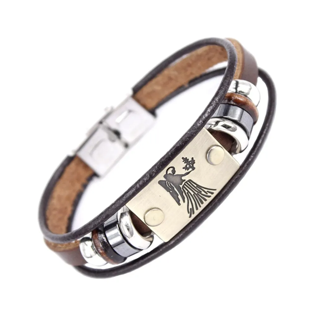 

1Pcs Fashion 12 Constellations Zodiac Signs Beaded Charm Bracelet With Stainless Steel Clasp Leather Bracelet for Men Women