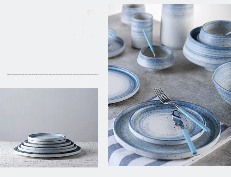 Простой Nordic Стиль в западном стиле керамическая чаша лапши чаша для супа, салата пластина поднос стейк тарелка синяя линия плоский посуда