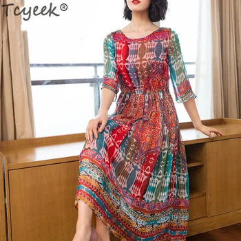 

Tcyeek Spring Summer Silk Dress Women Long Party Dress Elegant Print Dresses Plus Size Ladies Slim Boho Vestidos 2020 LWL1555